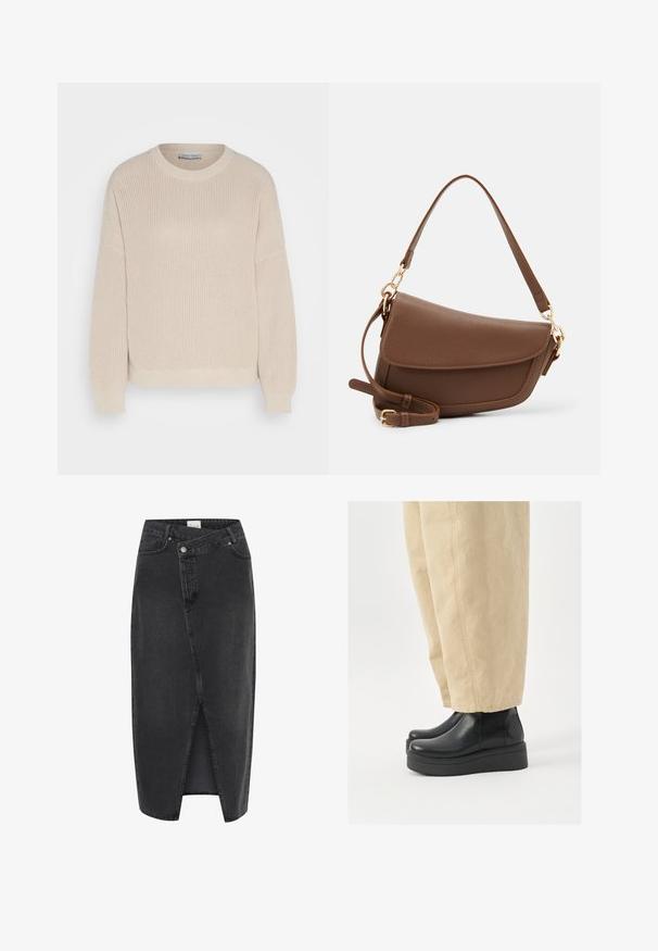 Anna Field Džemperis - grey; Juodas džinsinis midi sijonas su priekine skyle, struktūruotas siluetas ir klasikinis penkių kišenių dizainas. Yra mygtukas ir užtrauktukas.; Juodi odiniai auliniai batai iki kulkšnies, su apvaliu nosiu ir plataforma. Derinami su smėlio spalvos plačiomis kelnėmis, kurios turi matomus siuvimo detalizavimus.; Ruda odinė petinė kuprinė su tekstūrine apdaila, išlenkta forma, auksinės spalvos aksesuarai, reguliuojama juosta ir dangtis.