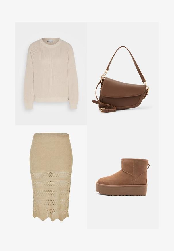 Anna Field Džemper - grey; Nööpidega beež pärgpükste seelik, millel on heegeldatud muster. Omab lainelist allserva ja tekstuurset kangast, mis tagab sobiva silueti.; Kohvatooni nubukist põlvikute saapad platvormsööl with ümmarguse varbaga ja õmblusteenustega; seljal on kinnitusling, mis tagab mugava jalga panemise.; Pruun nahast õlakott tekstuuritud viimistlusega, kõver kuju, kuldse tooni riistvara, reguleeritav rihm ja klappkinnitus.