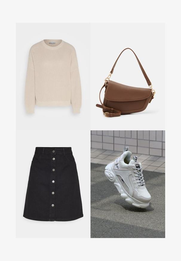 Anna Field Strickpullover - grey; Schwarzer Jeansrock mit vertikaler Knopfverschluss und fünf Taschen. Hat ein gerades Design und einen geraden Saum, aus robuster Baumwollstoff gefertigt.; Weißer Sneaker aus Mesh- und Ledermaterialien, mit rundem Zehenbereich, dicker Sohle, auffälligen Schnürsenkeln sowie Branding an der Ferse und der Zunge.; Braune Lederschultertasche mit strukturiertem Finish, geschwungener Form, goldfarbenen Beschlägen, verstellbarem Schulterriemen und Klappenverschluss.