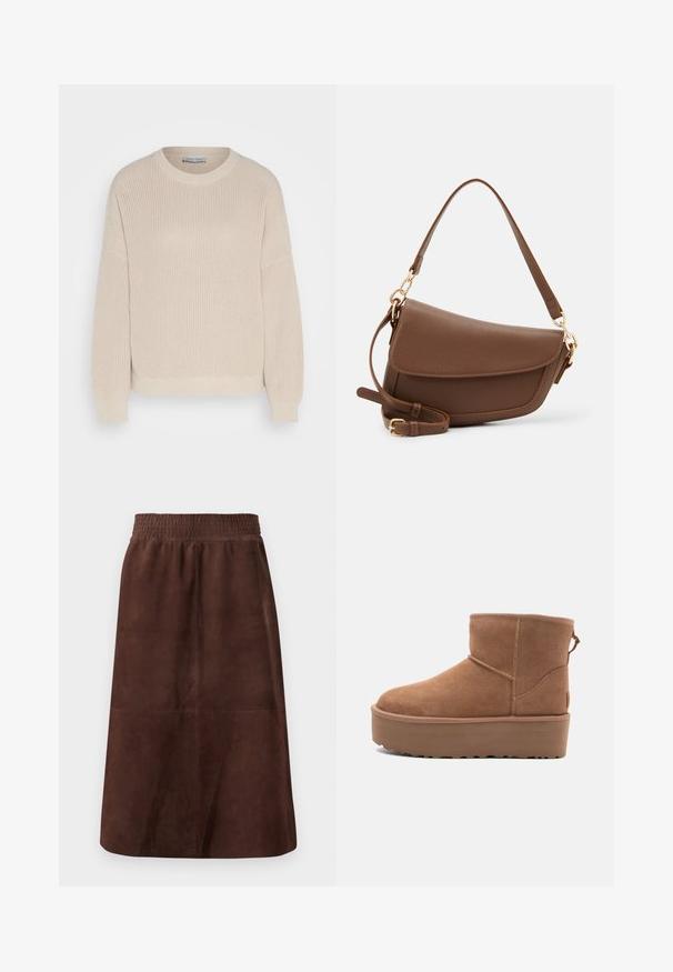 Anna Field Vesta - grey; Smeđa suknja od antilopa s elastičnim pojasom, A-linije, glatke teksture, bez vidljivih uzoraka ili dodataka.; Svijetlosmeđi antilop čizmice do članka s platformom, okruglim vrhom i ukrasnim šavovima; ima petnu traku za lakše obuvanje.; Smeđa kožna torba za rame s teksturiranim završetkom, zakrivljenim oblikom, zlatnim hardverom, podesivim remenom i zatvaranjem na preklop.