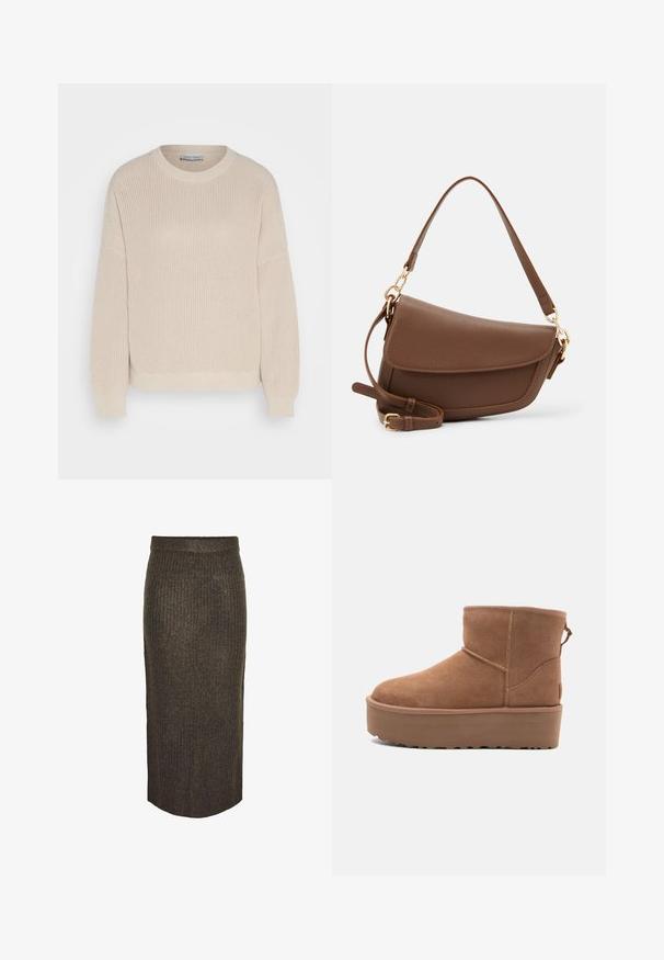 Anna Field Vesta - grey; Pieces Velika suknja - morel; Svijetlosmeđi antilop čizmice do članka s platformom, okruglim vrhom i ukrasnim šavovima; ima petnu traku za lakše obuvanje.; Smeđa kožna torba za rame s teksturiranim završetkom, zakrivljenim oblikom, zlatnim hardverom, podesivim remenom i zatvaranjem na preklop.