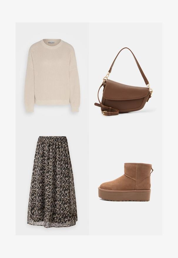 Anna Field Striktrøje - grey; Sorte midi-nederdel lavet af letvægtsstof med et blomstermønster i tan og creme. Elastisk talje for justerbar pasform.; Tan ruskinds ankelstøvle med platformssål, rund tå og syninger; har en løkke bagpå for nem påtagning.; Brun læder skuldertaske med en tekstureret overflade, buet form, guldfarvet hardware, justerbar rem og klaplukning.