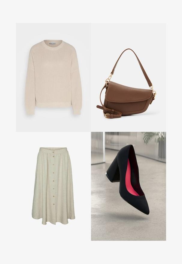 Anna Field Strickpullover - grey; Beige knielange Rock aus strukturiertem Stoff mit Knopfleiste, elastischem Bund und fließendem Design.; Schwarzer High Heel Schuh mit spitzer Zehe, strukturiertem Obermaterial und lebhaftem pinken Innenraum. Verfügt über einen dicken Absatz mit silberner Akzentuierung.; Braune Lederschultertasche mit strukturiertem Finish, geschwungener Form, goldfarbenen Beschlägen, verstellbarem Schulterriemen und Klappenverschluss.