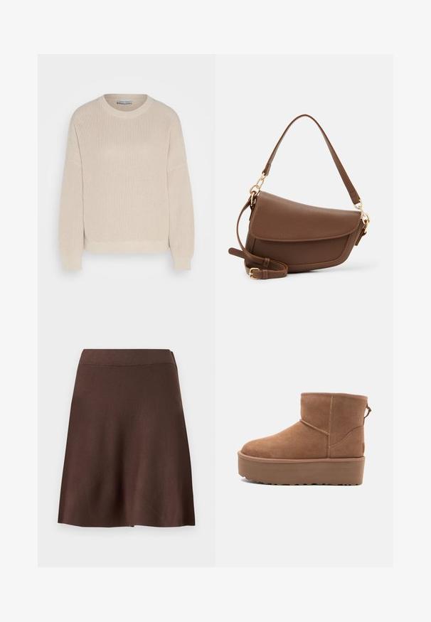 Anna Field Jumper - grey; Brown A-line skirt with elastic waistband, smooth knit texture, and slight flare at the hem against a plain light background.; Tan suede ankle boot with a platform sole, rounded toe, and stitching accents; features a pull tab at the back for easy wear.; Brown leather shoulder bag with a textured finish, curved shape, gold-tone hardware, adjustable strap, and flap closure.