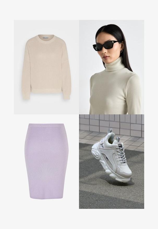 Anna Field Strickpullover - grey; Gestreifte Bleistiftrock in Helllila mit einer figurbetonten Passform. Verfügt über einen hohen Taillenbund, eine glatte Textur und einen knielangen Schnitt.; Weißer Sneaker aus Mesh- und Ledermaterialien, mit rundem Zehenbereich, dicker Sohle, auffälligen Schnürsenkeln sowie Branding an der Ferse und der Zunge.; Schwarze rechteckige Sonnenbrille mit dicken Rahmen, versehen mit goldenen Hardware-Details. Das Model trägt ein hellbeiges, geripptes Turtleneck-Oberteil.