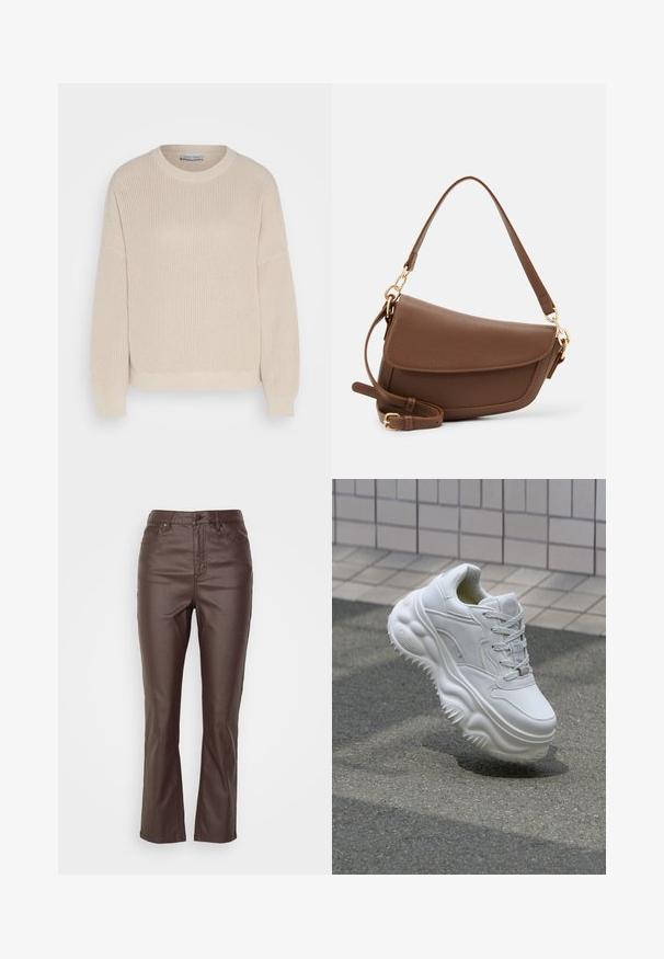 Anna Field - Sweter; Brązowe spodnie z ekoskóry o prostym kroju, z pięcioma kieszeniami, z przodem na guzik oraz widocznymi przeszyciami.; Biała skórzana tenisówka z masywną podeszwą, teksturowanymi detalami i sznurowanym zapięciem. Posiada formowane akcenty i gładkie wykończenie.; Brązowa skórzana torba na ramię o teksturowanym wykończeniu, zaokrąglonym kształcie, złotych akcentach, regulowanym pasku i zapięciu na klapę.
