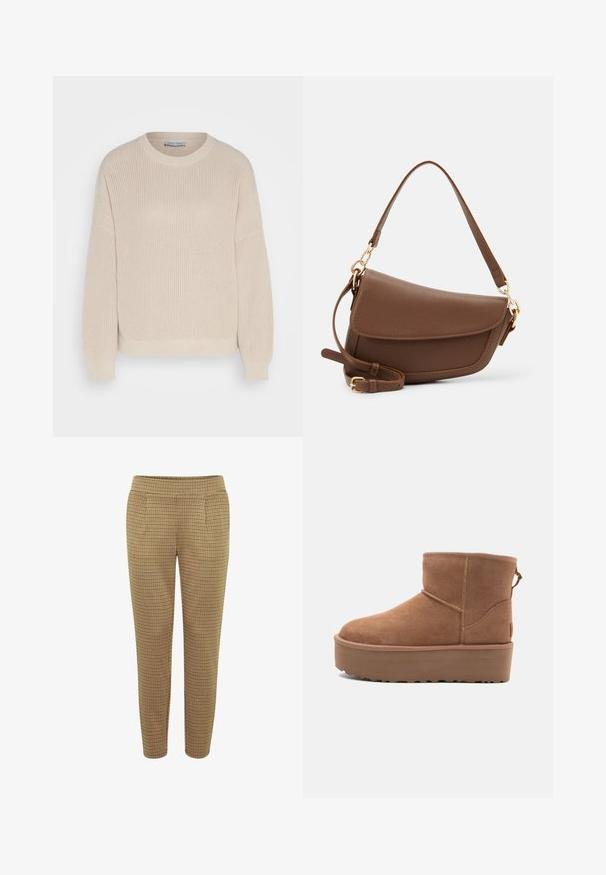 Anna Field Svetr - grey; Hnědé kárované kalhoty s přiléhavým střihem, elastickým pasem a dvěma bočními kapsami. Materiál má hladkou texturu s kostkovaným vzorem.; Hnědé semišové kotníkové boty s platformou, zaoblenou špičkou a prošíváním; mají poutko vzadu pro snadné obouvání.; Hnědá kožená taška přes rameno s texturovaným povrchem, zakřiveným tvarem, zlatými kovovými prvky, nastavitelným popruhem a klopovým zapínáním.