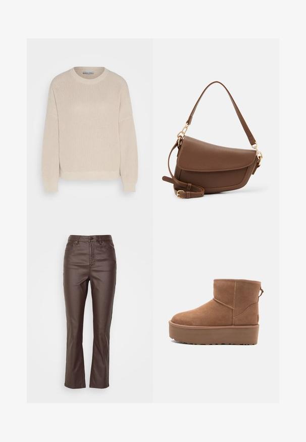 Anna Field Jumper - grey; Brown faux leather pants with a straight leg design, featuring five pockets, a front button closure, and visible stitching accents.; Tan suede ankle boot with a platform sole, rounded toe, and stitching accents; features a pull tab at the back for easy wear.; Brown leather shoulder bag with a textured finish, curved shape, gold-tone hardware, adjustable strap, and flap closure.