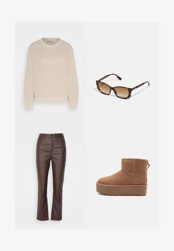 Anna Field Striktrøje - grey; Brune faux læderbukser med lige ben design, der har fem lommer, en frontknaplukning og synlige stikninger.; Tan ruskinds ankelstøvle med platformssål, rund tå og syninger; har en løkke bagpå for nem påtagning.; Skildpaddemønstrede solbriller med en bred ramme, der har brune gradientlinser og en glat, skinnende overflade; bøjerne inkluderer en diskret logodetalje.; Brun læder skuldertaske med en tekstureret overflade, buet form, guldfarvet hardware, justerbar rem og klaplukning.