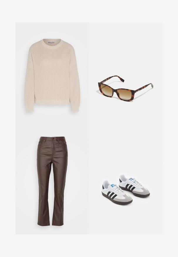 Anna Field Trui - grey; Bruine neplederen broek met een rechte pijp ontwerp, voorzien van vijf zakken, een sluiting met een knoop aan de voorkant en zichtbare stiksels.; Sportschoenen met een witte leren bovenkant, grijze suède neus en drie zwarte strepen. Bevat een blauw logo op de tong en een gestructureerde rubberen zool.; schildpadsunglasses met een brede rand, voorzien van bruine gradient lenzen en een gladde, glanzende textuur; de poten hebben een subtiele logo-detail.