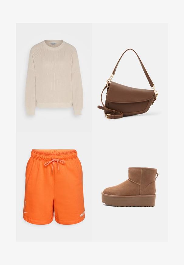 Anna Field Jumper - grey; Orange cotton shorts with an elastic waistband and drawstring. Features a logo on the left leg in white. Smooth texture and casual design.; Tan suede ankle boot with a platform sole, rounded toe, and stitching accents; features a pull tab at the back for easy wear.; Brown leather shoulder bag with a textured finish, curved shape, gold-tone hardware, adjustable strap, and flap closure.