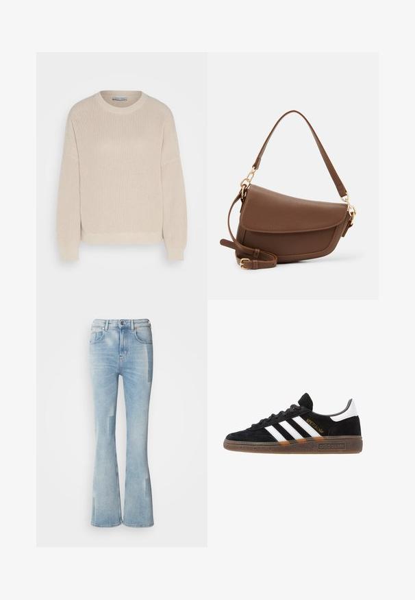 Anna Field Pulóver - grey; Scotch & Soda THE GLOW - Bootcut farmer - art from the heart; Fekete Adidas sneaker fehér csíkokkal, arany "Spezial" felirattal, gumitalppal és fehér saroktabbal, profil nézetben bemutatva.; Barna bőr válltáska texturált felülettel, ívelt formával, aranyszínű fémrészekkel, állítható pánttal és fedélzárral.
