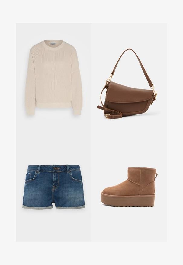 Anna Field Pulover - grey; Denimske kratke hlače, temno modrega pranja, zasnova s petimi žepi, zavihani robovi, en gumb za zapiranje, kontrastno šivanje, rahlo zbledela tekstura tkanine.; Bela antilopova gležnjača s platformom, okruglim vrhom i dekorativnim šavovima; ima uvučenu petlju straga za lakše oblačenje.; Brah zlatna usnjena torba za rame z teksturirano površino, ukrivljeno obliko, zlatim okovjem, nastavljivim trakom in pokrovom.