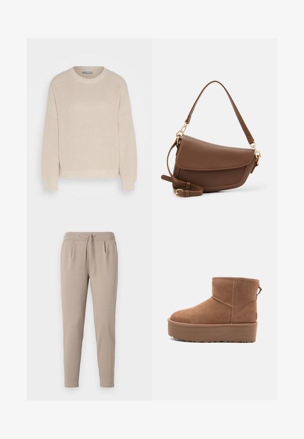 Anna Field Strickpullover - grey; Beige Jogginghose aus weichem Stoff, mit elastischem Bund und Kordelzug sowie seitlichen Taschen. Schmal zulaufendes Bein-Design.; Beige Wildleder-Ankle-Boot mit Plateausohle, abgerundetem Zehenbereich und abgesteppten Akzenten; verfügt über eine Zuglasche hinten für einfaches An- und Ausziehen.; Braune Lederschultertasche mit strukturiertem Finish, geschwungener Form, goldfarbenen Beschlägen, verstellbarem Schulterriemen und Klappenverschluss.