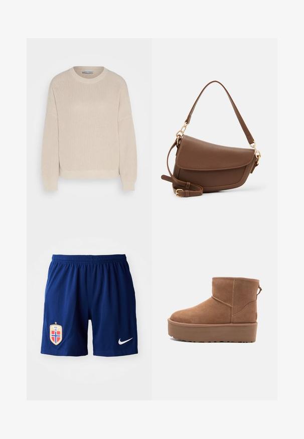 Anna Field Jersey de punto - grey; Pantalones cortos Nike de color azul marino con una cinturilla elástica, con un tejido texturizado, un emblema en el lado izquierdo y un logo de Nike en blanco.; Botín de ante en color marrón claro con suela de plataforma, punta redondeada y detalles de costura; cuenta con una lengüeta en la parte trasera para facilitar su uso.; Bolso de hombro de cuero marrón con acabado texturizado, forma curvada, herrajes en tono dorado, correa ajustable y cierre de solapa.