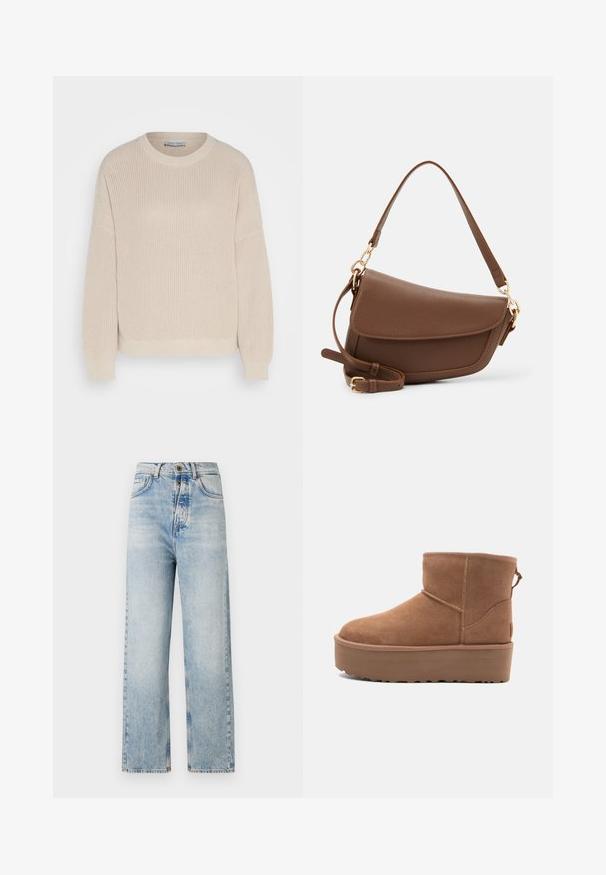 Anna Field Džemper - grey; Heledad sinised teksad otse jalgadega, valmistatud denimist. Omavad viit taskut, nööbist sulgumist ja õrna pleekimist.; Kohvatooni nubukist põlvikute saapad platvormsööl with ümmarguse varbaga ja õmblusteenustega; seljal on kinnitusling, mis tagab mugava jalga panemise.; Pruun nahast õlakott tekstuuritud viimistlusega, kõver kuju, kuldse tooni riistvara, reguleeritav rihm ja klappkinnitus.