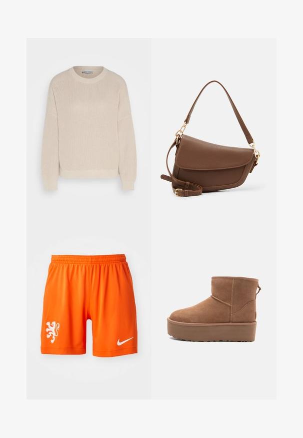 Anna Field Strikkegenser - grey; Oransje idrettsshorts med elastisk liv, med en hvit løve-logo på venstre bein og en hvit Nike swoosh på høyre.; Lys brun semsket ankelstøvel med platåsåle, rund tå og sømdetaljer; har en pull-tab bak for enkel påkledning.; Brun skinnskulderveske med teksturfinish, buet form, gulltone-detaljer, justerbar stropp og klaffelukking.