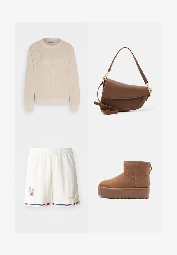 Anna Field Pulóver - grey; Fehér sportos rövidnadrág, texturált anyagból, kakas emblémával és kontrasztos kék és piros csíkkal a szegélyen. Nike logó őszibarack színben.; Barna suede bokacsizma platform talppal, lekerekített orral és varrás részletekkel; a hátsó részen húzófül található a könnyű felhúzás érdekében.; Barna bőr válltáska texturált felülettel, ívelt formával, aranyszínű fémrészekkel, állítható pánttal és fedélzárral.