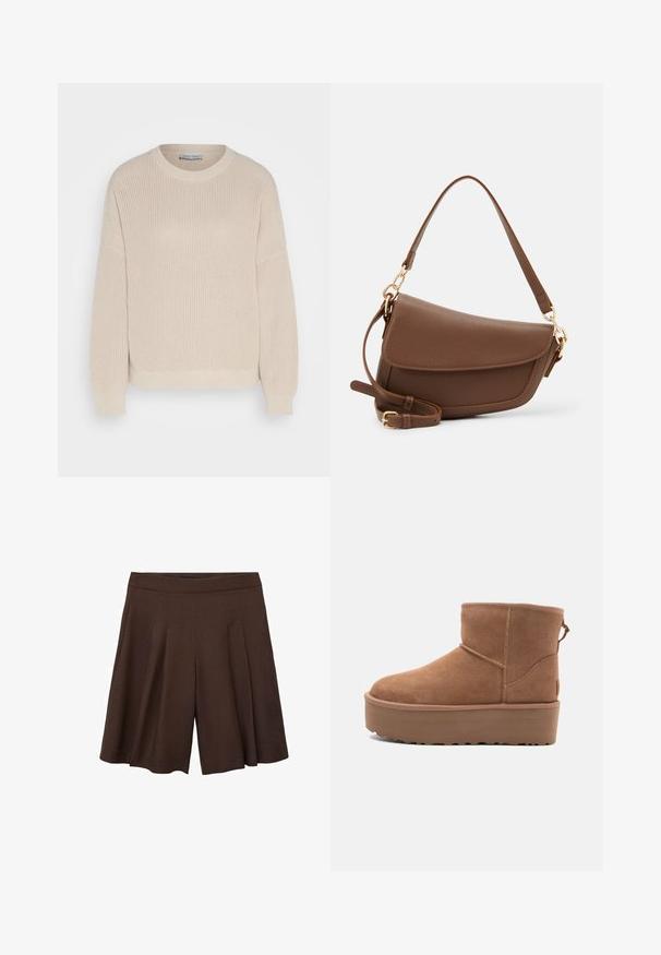 Anna Field Trui - grey; Bruine geplooide shorts met een hoge taille. De stof lijkt glad en lichtgewicht, met diepe, scherpe plooien voor een vloeiende uitstraling.; Tan suède enkellaars met een platformzool, ronde neus en stiksels; heeft een trekband aan de achterkant voor gemakkelijke instap.; Bruine leren schoudertas met een gestructureerde afwerking, gebogen vorm, hardware in goudkleur, verstelbare schouderband en klepafsluiting.