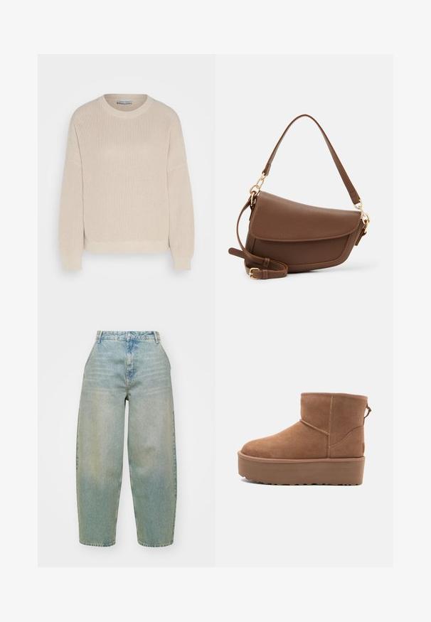 Anna Field Neule - grey; Vaaleansiniset farkut, joissa on korkea vyötärö, leveät lahkeet, hienovarainen kuluminen ja klassinen nappisulku. Varustettu viidellä taskulla ja ompelu yksityiskohdilla.; Tan suede nilonini kidogo chukua na sahani ya jukwaa, mguu wenye umbo la duara, na mapambo ya kushona; inajumuisha kipande cha kubana nyuma kwa kuvaa kwa urahisi.; Ruskea nahkainen olkalaukku, jossa on teksturoitu pinta, kaareva muoto, kultasävyinen metalliosat, säädettävä hihna ja läppäkiinnitys.