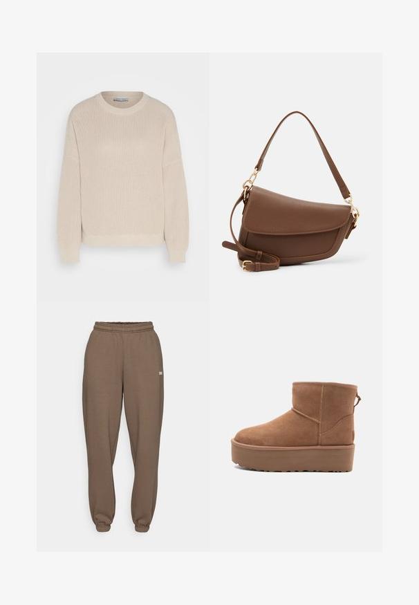 Anna Field Strikkegenser - grey; Brune joggebukser med elastisk liv og mansjetter. Myk, teksturert stoff med et lite logo-patch på siden. Innlagt design.; Lys brun semsket ankelstøvel med platåsåle, rund tå og sømdetaljer; har en pull-tab bak for enkel påkledning.; Brun skinnskulderveske med teksturfinish, buet form, gulltone-detaljer, justerbar stropp og klaffelukking.