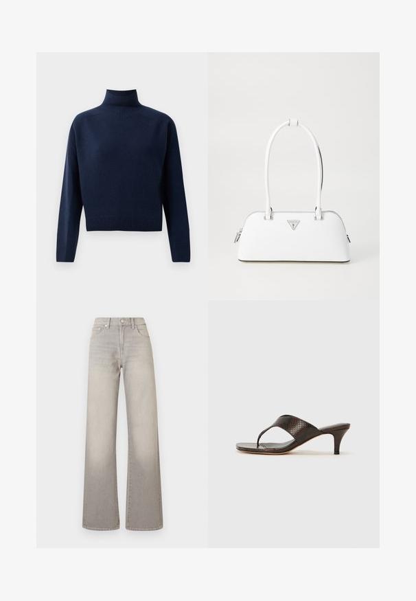 Navy blue, long-sleeve turtleneck sweater with ribbed cuffs, hem, and neck, displayed on a plain white background.; Gray wide-leg jeans with a faded finish, button closure, five-pocket design, and stitched detailing along the seams.; Brown faux snakeskin heeled sandals with a thong design and a square toe. The heel is approximately 2 inches tall, with a smooth finish.; White leather handbag with a curved shape, featuring a silver triangular logo and zipper closure. Smooth texture and dual handles.