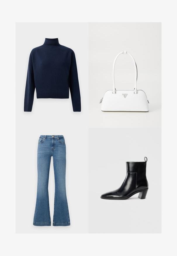 Pull en col roulé bleu marine à manches longues avec des poignets, un ourlet et un col côtelés, présenté sur un fond blanc uni.; Jean bleu évasé en denim, avec une taille haute, un design à cinq poches, des dégradés subtils et des détails de couture visibles.; Bottine en cuir noir avec un bout pointu, un talon empilé géométrique et une languette à l'arrière. Texture lisse et design épuré.; Sac à main en cuir blanc avec une forme courbée, présentant un logo triangulaire argenté et une fermeture à glissière. Texture lisse et doubles poignées.
