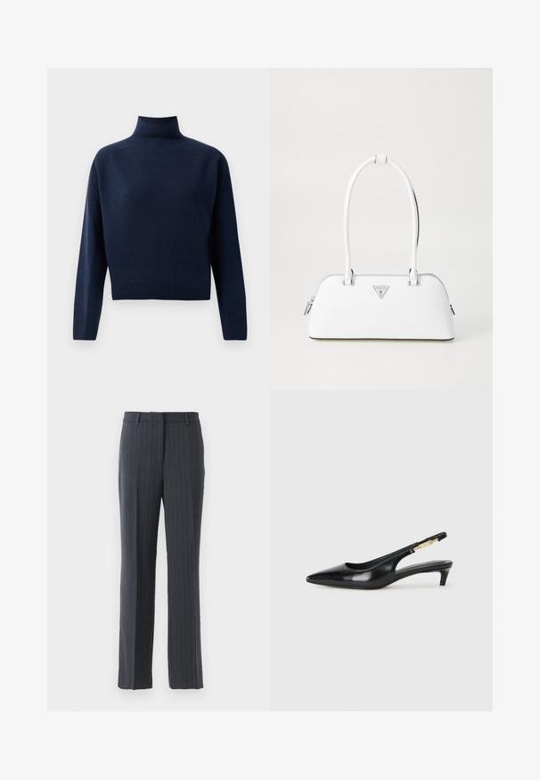 Navy blue, long-sleeve turtleneck sweater with ribbed cuffs, hem, and neck, displayed on a plain white background.; Dark gray pinstripe straight-leg dress trousers with belt loops and front zipper closure on a white background.; Black leather slingback heels with a pointed toe, featuring a slim heel and a gold-tone accent on the adjustable strap. Smooth texture.; White leather handbag with a curved shape, featuring a silver triangular logo and zipper closure. Smooth texture and dual handles.