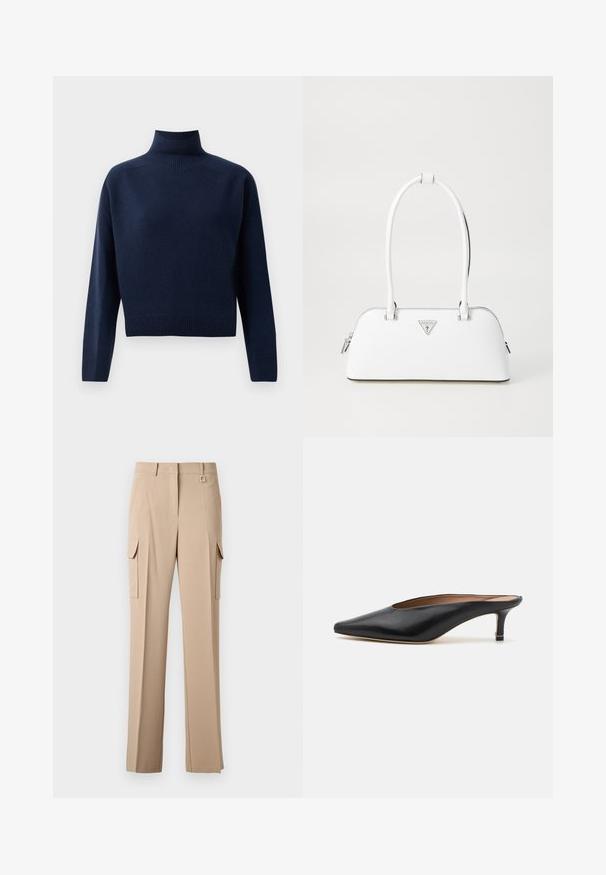 Navy blue, long-sleeve turtleneck sweater with ribbed cuffs, hem, and neck, displayed on a plain white background.; Beige cargo pants with two side pockets, a flat front, and a square metal accent on the waistband. Made of a smooth, lightweight fabric.; Black leather mules with a pointed toe and low, block heel. Smooth texture with a sleek design. Open back with minimal detailing.; White leather handbag with a curved shape, featuring a silver triangular logo and zipper closure. Smooth texture and dual handles.