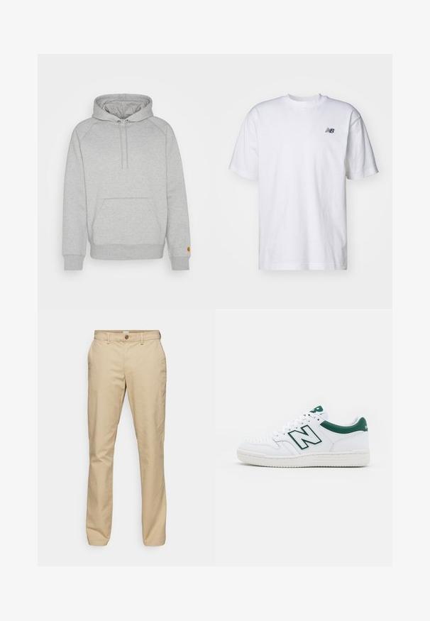 Harmaa huppari, jossa on kengurupocket, ribbaavat hihansuut ja helma, sekä logopatch vasemmassa hihassa. Pehmeä kankaan rakenne.; Valkoinen lyhythihainen crew neck -t-paita, jossa vasemmassa rinnassa pieni musta New Balance -logo, taustalla yksinkertainen tausta.; Beige housut, valmistettu puuvillasta, suoran lahkeensuunnittelun kanssa, joissa on kaksi sivutaskua, yksittäinen nappisuljenta ja käärityt lahkeet.; Valkoiset tennarit vihreillä yksityiskohdilla, nahkainen päällinen, rei'itetty varvasosa, nauhakiinnitys ja rakenteellinen kumipohja. Varustettu näkyvällä "N"-logolla.