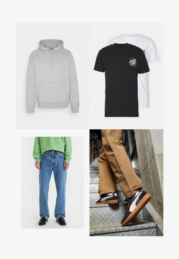 Harmaa huppari, jossa on kengurupocket, ribbaavat hihansuut ja helma, sekä logopatch vasemmassa hihassa. Pehmeä kankaan rakenne.; Kaksi t-paitaa: yksi musta, yksi valkoinen. Molemmissa on lyhyet hihat ja rinnassa erottuva pyöreä logo vastavärissä. Puuvillamateriaali.; Vaaleansiniset suoralahkeiset farkut, joissa on klassinen viiden-taskun muotoilu, kestävä farkkukangas ja kontrastiväriset tikkaukset.; Mustat ja harmaat mokkasaappaat valkoisilla yksityiskohdilla ja kumipohjilla, puettuna vaaleanruskeisiin housuihin metallisia portaita noustessa.