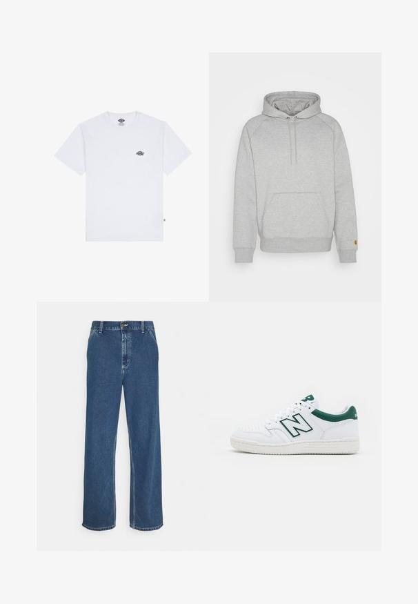 Šedá mikina s kapucí, s klokankou, ribbovanými náplety a spodním lemem, s nášivkou loga na levém rukávu. Měkká textilie.; Bílá bavlněná tričko s krátkým rukávem, s malým černým logem na hrudi a štítkem v levém dolním rohu.; Modré džíny z denimu se rovným střihem, pětipocket designem, kovovým zapínáním a viditelným šitím podél švů a lemu.; Bílé tenisky s přízí v zelené barvě, kožený svršek, perforovaný špička, šněrování a texturovaná gumová podrážka. Vyznačují se výrazným logem "N".