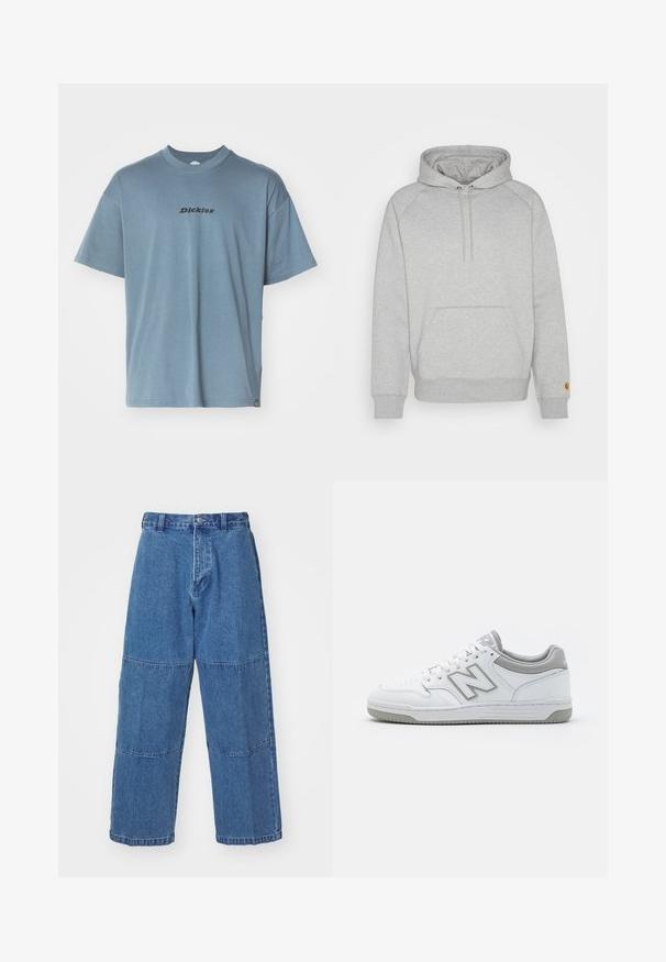 Grå hættetrøje med kængurulomme, ribbede manchetter og kant, med et logo-patch på venstre ærme. Blød stoftekstur.; Lyseblå bomulds t-shirt med korte ærmer, rund hals og sort "Dickies" logo trykt på forsiden. Blød tekstur og afslappet pasform.; Lyseblå denimbukser med løs pasform, der har to forskellige stofpaneler, en frontlukning med knap og brede ben.; Hvide lædersneakers med grå akcenter, der har perforeret tåboks, flade snørebånd og en mønstret sål. New Balance-logoet på siden.