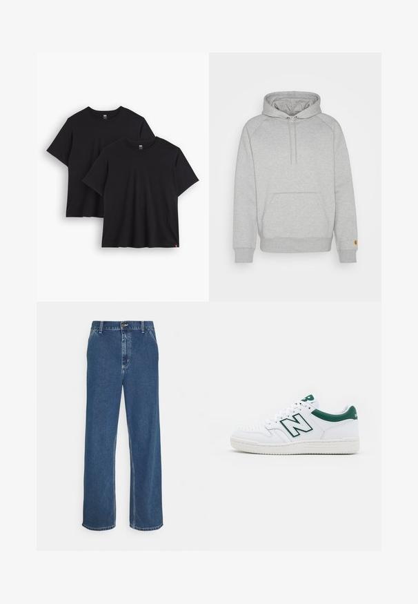 Grå hættetrøje med kængurulomme, ribbede manchetter og kant, med et logo-patch på venstre ærme. Blød stoftekstur.; To sorte bomulds t-shirts med korte ærmer, rund halsudskæring og en afslappet pasform. Hver har et lille vævet mærke ved kanten.; Blå denimjeans med lige pasform, fem-lomme design, metalknaplukning og synlig syning langs søm og kant.; Hvide sneakers med grønne detaljer, læderoverdel, perforeret tå, snørelukning og struktureret gummisål. Har et fremtrædende "N" logo.