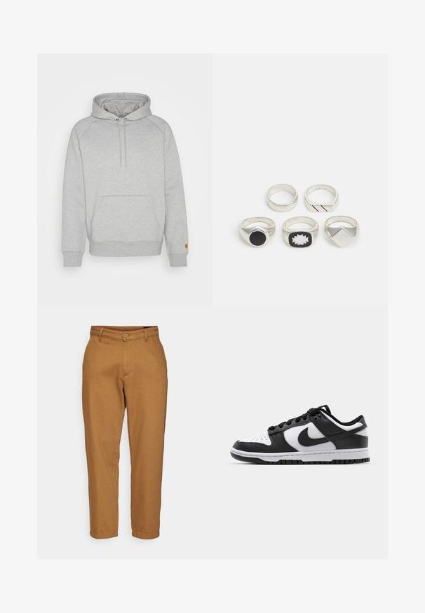 Siva kapuca s puloverjem z kengurujskim žepom, rebrastimi manšetami in robom, ki ima logotip na levem rokavu. Mehka tekstura blaga.; Rjave hlače ravnega kroja z gladko teksturo, z gumbom za zapiranje in zankami za pas. Imajo klasičen dizajn brez vidnih vzorcev.; Črno-bele Nike Dunk teniske z usnjenim zgornjim delom, perforiranim prstom, črnimi vezalkami in črnim gumijastim podplatom s profilom.; Pet srebrne prstane: eden s črnim krožnim detajlom, eden z belim in črnim geometričnim vzorcem ter ostali z različnimi oblikami in finiši.