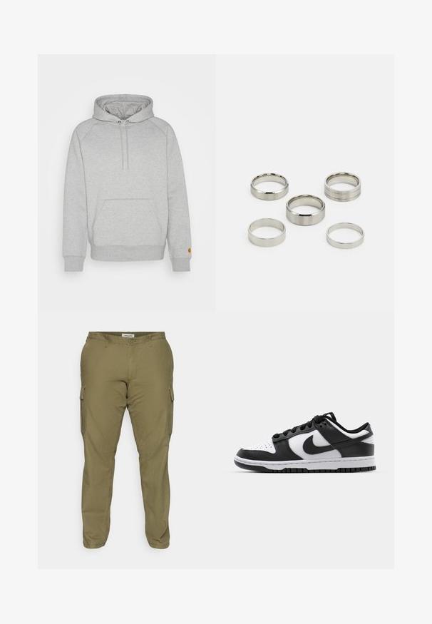 Pilkas su kapuce džemperis su kengūros kišene, raštuotais rankogaliais ir apačia, ant kairiojo rankovės su logotipo panele. Minkšta audinio tekstūra.; Alyvuogių žalios spalvos cargo kelnės, pagamintos iš medvilnės mišinio, su šoninėmis kišenėmis, dirželių kilpomis ir tiesaus kirpimo dizainu. Lygi tekstūra.; Juoda ir balta Nike Dunk sportbačiai, turintys odinį viršutinį sluoksnį, perforuotą nykštyje, juodas raišteles ir juodą guminį pado su reljefu.; Penkių metalinių žiedų rinkinys, skiriasi pločiais, su lygiomis, poliruotomis ir šlifuotomis apdailomis; spalvos svyruoja nuo blizgaus sidabro iki matinio.