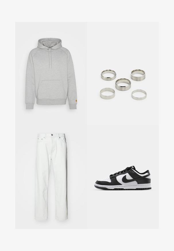 Grijze hoodie met een buidelzak, ribgebreide manchetten en onderkant, voorzien van een logopatch op de linker mouw. Zachte stofstructuur.; Witte denim jeans met een rechte snit, vijf-pocket ontwerp, knoopsluiting en subtiele stikseldetails. Gladde textuur en minimalistische stijl.; Zwart-witte Nike Dunk sneakers met een leren bovenwerk, geperforeerde neus, zwarte veters en een zwarte rubberen zool met profiel.; Set van vijf metalen ringen in verschillende breedtes, met een gladde, gepolijste en geborstelde afwerking; kleuren variëren van glanzend zilver tot mat.