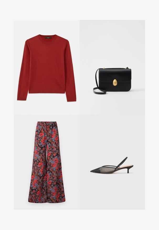 Piros, hosszú ujjú pulóver kerek nyakkivágással. Puha anyagból készült, bordázott mandzsettákkal és aljjal, sima Textúrájú és minimális díszítéssel.; Bő szárú nadrág, amely fekete anyagból készült, élénk piros és kék virágmintával díszítve, rugalmas derékkal a kényelem érdekében.; NEOUS IRENA - Klasszikus sarkú cipők - black; Fekete bőr kézitáska, struktúrált, téglalap alakú formával. Arany ovális kapoccsal és vékony vállpánttal rendelkezik. Sima textúrájú.; Arany szív alakú fülbevalók texturált mintával, ívelt barázdákkal és sima kiegészítővel a középen. Megcsiszolt felület.