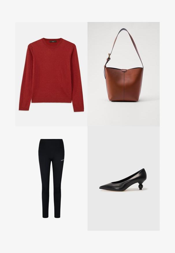 Punane pika varrukaga sviiter, ümarate krae-ning. Valmistatud pehmest kangast, ribakujuliste varrukasäärete ja hemiga, sile tekstuur ning minimaalne disain.; Mustad mustrid, valmistatud venivast kangast, kõrge vöökoha ja väikese logoga vasakul reiel, loodud mugavuseks ja liikuvuseks.; Must musta kõrge kontsaga king, millel on terav nina ja ümar, pallikujuline konts. Sile pind ja elegantne, minimalistlik disain.; Pruun nahast õlakott, millel on kaarjas kuju, sile tekstuur ja üks õhuke rihm. Omab peent õmblust ja väikest logo detaili.