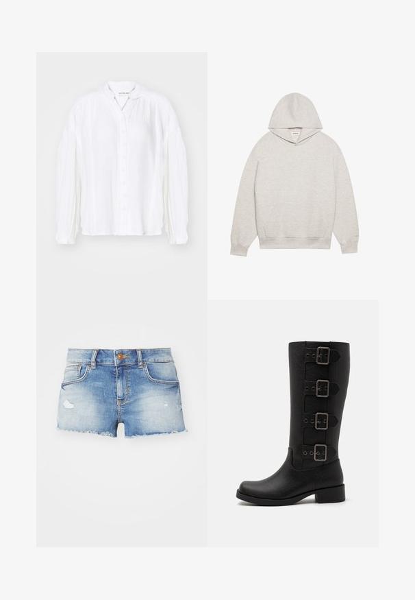 Light gray hoodie made of soft fabric, featuring a front kangaroo pocket, adjustable hood, and ribbed cuffs and hem.; White long-sleeve button-up shirt with pleated texture and a mandarin collar, featuring a relaxed fit and subtle stitching details.; Denim shorts in light blue with a distressed finish, frayed hem, five-pocket design, and a single button closure at the front.; Black tall boots made of smooth synthetic material. Features four decorative straps with rectangular metal buckles. Block heel design.