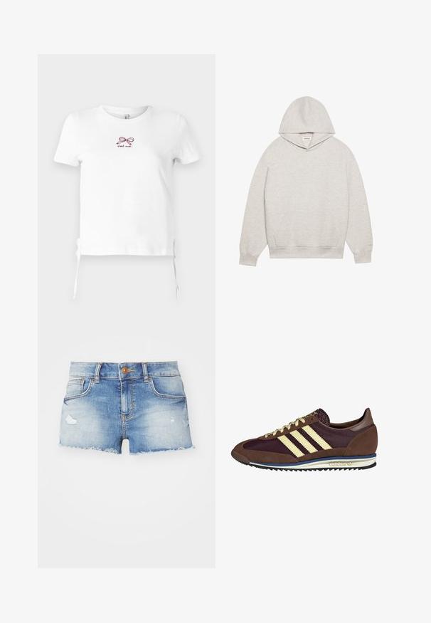 Jasnoszara bluza z kapturem wykonana z miękkiego materiału, z przednią kieszenią typu kangur, regulowanym kapturem oraz ściągaczami przy mankietach i dolnej krawędzi.; Biała bawełniana koszulka z krótkim rękawem. Posiada małą burgundową haftowaną grafikę w postaci kokardy oraz tekst "c'est moi." Wiązania po bokach u dołu.; Jasnobłękitne szorty dżinsowe z postarzanym wykończeniem, strzępionym dołem, pięcioma kieszeniami i pojedynczym zapięciem na guzik z przodu.; Brązowe i burgundowe sneakersy wykonane z zamszu i siateczkowych materiałów, z trzema kremowymi paskami, teksturowanym materiałem na języku i gumową podeszwą.