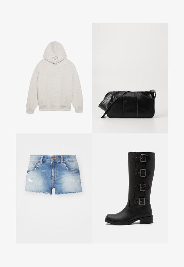 Sudadera gris claro hecha de tejido suave, con un bolsillo frontal tipo canguro, capucha ajustable y puños y dobladillo acanalados.; Shorts de mezclilla en azul claro con un acabado desgastado, dobladillo deshilachado, diseño de cinco bolsillos y cierre de un solo botón en la parte delantera.; Botas negras altas hechas de material sintético suave. Cuentan con cuatro correas decorativas con hebillas metálicas rectangulares. Diseño de tacón cuadrado.; Bolso de hombro de cuero negro con cierre de cremallera, que presenta un cuerpo texturizado, costuras blancas y una correa con ojales plateados.