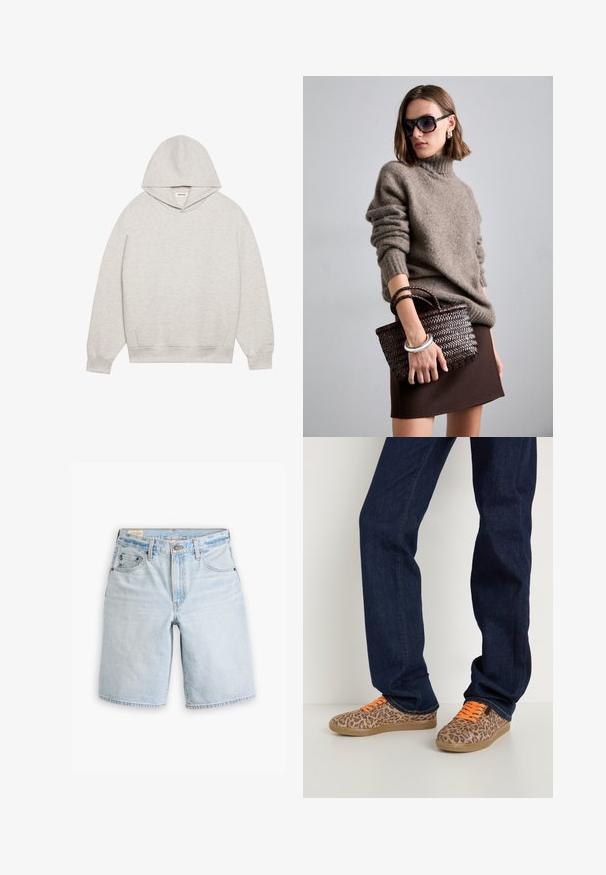 Huppari vaaleanharmaata pehmeästä kankaasta, jossa on etupuolella kengurutasku, säädettävä huppu sekä resorit hihansuissa ja helmassa.; Vaaleansiniset farkkushortit suoran leikkauksen omaavina, joissa on viisi taskua, vyölenkit ja napitus. Pehmeä materiaali, jossa on haalistuneita kohtia.; Leopardi kuosi kengät oranssilla nauhalla, teksturoidusta kankaan yläosasta ja vaaleanruskeasta kumipohjasta, yhdistettynä tummansinisiin farkkuihin.; DRAGON DIFFUSION MINI FLAT GORA - Käsilaukku - dark brown