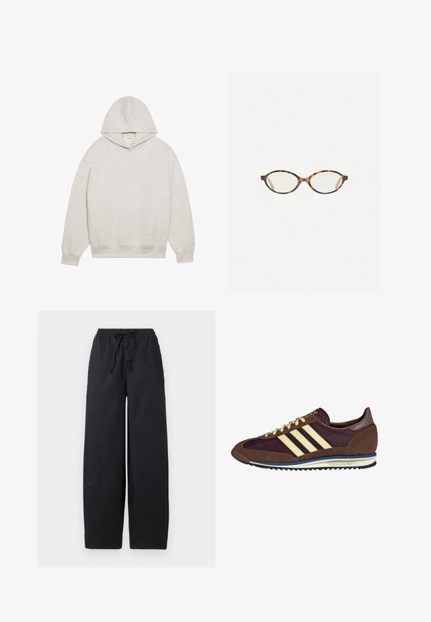 Svijetlosiva dukserica napravljena od mekanog materijala, s prednjim kangaroo džepom, prilagodljivom kapuljačom i rebrastim manžetama i donjim rubom.; Crne široke hlače izrađene od mekog materijala, s elastičnim pojasom i vezicom, bez vidljivih uzoraka ili akcenata.; Smeđi i burgundski teniski s uzorcima od antilopa i mrežastih materijala, s tri kremaste pruge, teksturiranim materijalom na jeziku i gumeni potplat.; Naočale u boji kornjače s ovalnim staklima i elegantnim, glatkim završetkom. Imaju tanke strane s suptilnom krivuljom na sljepoočnicama. Prozirna stakla.