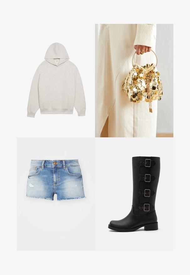 Šviesiai pilkas džemperis, pagamintas iš minkštos medžiagos, su priekinia kišene, reguliuojamu gobtuvu ir stora apykakle bei rankovėmis.; Šviesiai mėlyni džinsiniai šortai su nusidėvėjusiu apdailos efektu, plėšyta hemline, penkių kišenių dizainu ir vienu mygtuko uždarymu priekyje.; Juodi aukšti batai, pagaminti iš glotnaus sintetinio paviršiaus. Suteikti keturi dekoratyviniai diržai su stačiakampiu metaliniu užsegimu. Dizainas su bloko kulnu.; Aukso blizgučių krepšys su virvelėmis ir apvaliu rankenėle, puikiai papildytas blizgučiais ir tekstūruotu audiniu. Išmatavimai nenurodyti.