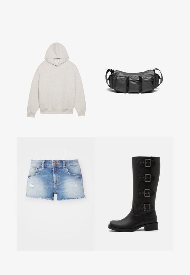 Šviesiai pilkas džemperis, pagamintas iš minkštos medžiagos, su priekinia kišene, reguliuojamu gobtuvu ir stora apykakle bei rankovėmis.; Šviesiai mėlyni džinsiniai šortai su nusidėvėjusiu apdailos efektu, plėšyta hemline, penkių kišenių dizainu ir vienu mygtuko uždarymu priekyje.; Juodi aukšti batai, pagaminti iš glotnaus sintetinio paviršiaus. Suteikti keturi dekoratyviniai diržai su stačiakampiu metaliniu užsegimu. Dizainas su bloko kulnu.; Juodas odinis krepšys per petį su tekstūriniu paviršiumi. Yra trys išoriniai kišeniai ir reguliuojama dirželis. Kompaktiška, apvali forma.