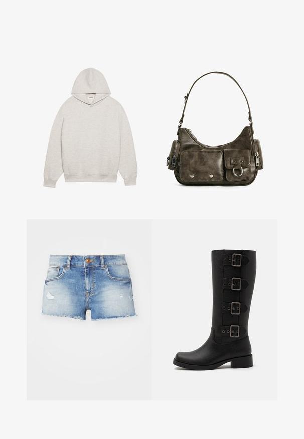 Light gray hoodie made of soft fabric, featuring a front kangaroo pocket, adjustable hood, and ribbed cuffs and hem.; Denim shorts in light blue with a distressed finish, frayed hem, five-pocket design, and a single button closure at the front.; Black tall boots made of smooth synthetic material. Features four decorative straps with rectangular metal buckles. Block heel design.; Dark green leather handbag with a curved shape, zippered pockets, and front flap pocket. Features silver hardware and textured finish.