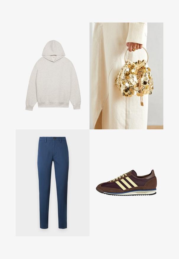 Hanorac gri deschis dintr-un material moale, având un buzunar frontal tip kangaroo, glugă ajustabilă și manșete și tiv din material ribbit.; Chino din bumbac albastru cu o croială slim, dotat cu închidere cu nasture, bucle pentru curea și buzunare standard, cu textură netedă și linii curate.; Sneaker maro și burgund cu materiale din suede și plasă, având trei dungi crem, țesătură texturată pe limbă și o talpă din cauciuc.; Geantă de mână cu mânere circulare, confecționată din paiete aurii, cu un șnur de închidere, având paiete rotunde strălucitoare și o țesătură texturată. Dimensiunile nu sunt furnizate.