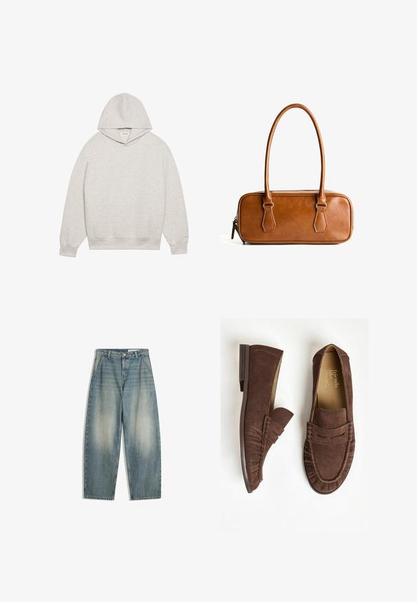 Světle šedá mikina s kapucí vyrobená z měkké tkaniny, se skrytou přední kapsou, nastavitelnou kapucí a žebrovanými manžetami a lemem.; Modré rozšířené džíny s vyšisovaným efektem, předními kapsami, poutky na opasek, zapínáním na zip a knoflík, ležící rovně na bílém pozadí.; Hnědé semišové mokasíny s plochým podpatkem, které mají skládací design a prošívané detaily. Interiér je vyložený světlou podšívkou.; Hnědá kožená kabelka s dvěma dlouhými uchy, obdélníkového tvaru, hladkého povrchu, zipovým uzávěrem a akcenty z stříbrného tónu.