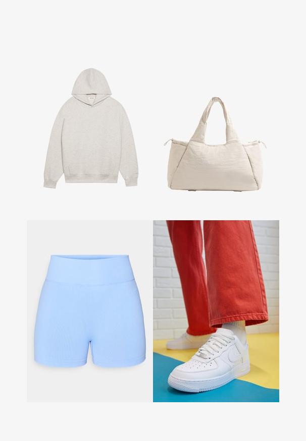 Hanorac gri deschis dintr-un material moale, având un buzunar frontal tip kangaroo, glugă ajustabilă și manșete și tiv din material ribbit.; Shorts bleu deschis, realizate dintr-un material moale și elastic. Au un talie largă, ribbed și un design simplu, fără modele sau accente vizibile.; Tenis alb din piele cu fanta pe vârful piciorului, talpă texturată și șireturi albe, purtat cu pantaloni larga roșii și un fundal albastru și galben.; Geantă tote bej matlasată cu două mânere, formă rotundă, țesătură texturată și un buzunar lateral cu șnur. Finisaj neted, design minimalist.